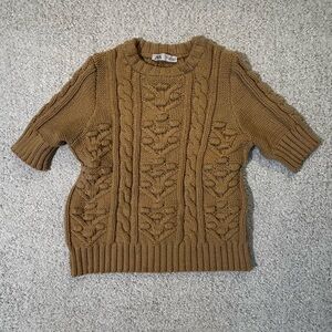 Zara Beige Cable Knit Short Sleeve Crewneck Sweater w Textured Detailing Size S